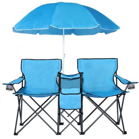 Double Portable Picnic Chair Folding Camping Chair W/Umbrella Table Beverage