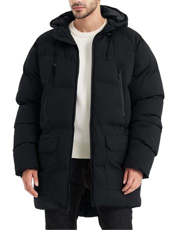 Men's Long Winter Coat Hooded Warm Quilted Jacket Water-resistant Cold Weather