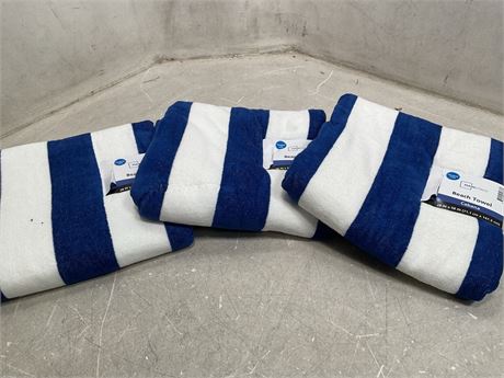 Mainstays Cabana Stripe Beach Towels,  three Pack, 58 in x 28 in, Blue