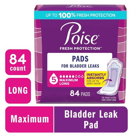 Poise Incontinence Pads for Women, 5 Drop Maximum Absorbency, Long Length, 84