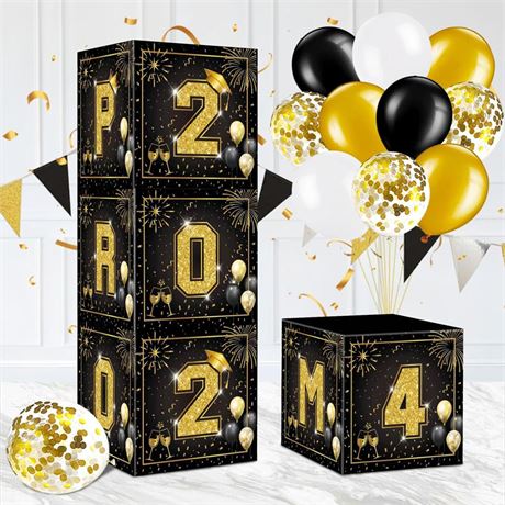 4pcs Prom Boxes 2024 Gold Prom Decorations 2024 Boxes with 20pcs Balloons 11.8