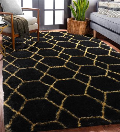 Large Fluffy Area Rug for Living Room Bedroom, 5x8 Black and Gold Rug, Cool