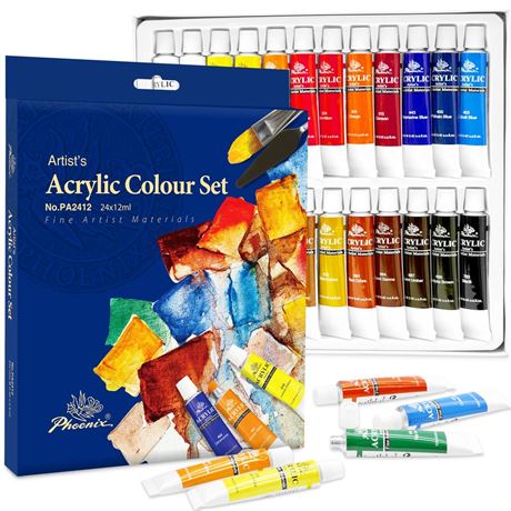 PHOENIX Acrylic Paint Set, 24x12ml Tubes, Non-toxic Craft Paints for Canvas,