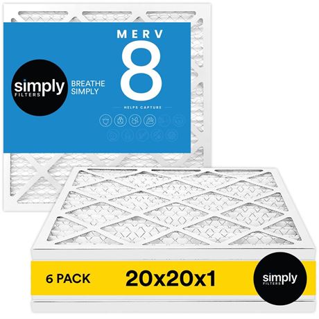 Simply Filters 20x20x1 MERV 8, MPR 600, Air Filter (6 Pack) - Actual Size: