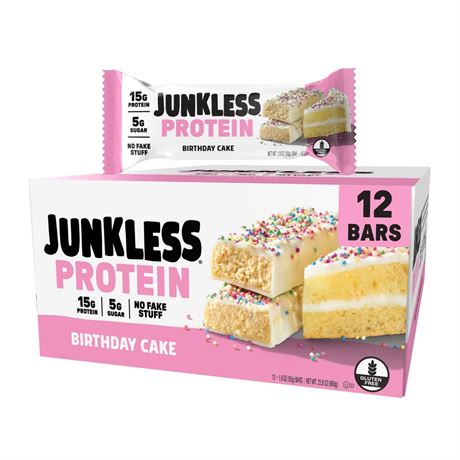 JUNKLESS Birthday Cake Protein Bars | 15g Protein, Low Sugar, High Fiber,