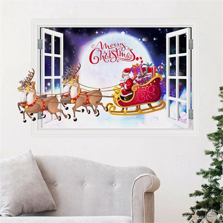 GGBOY 3D Christmas Wall Decals, Santa Claus Reindeer Christmas Wall Stickers