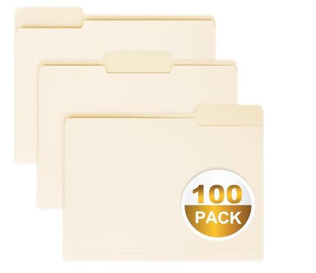 100 Packs Manila File Folder,Manilla Folder 8.5x11,1/3 Cut Tabs Folder for