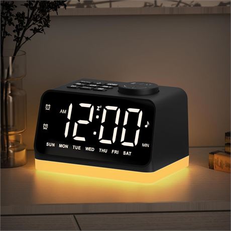 Digital Alarm Clock with FM Radio for Bedroom, 8 Colors Night Light with 2