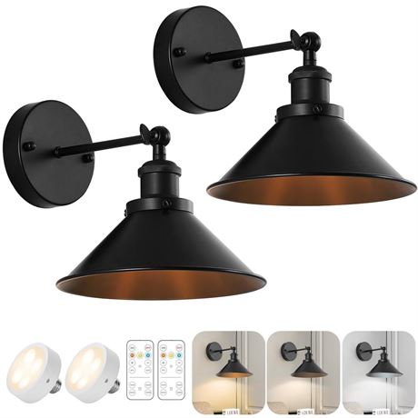 Black Vintage Wireless Battery Operated Wall Sconces, Industrial Cordless