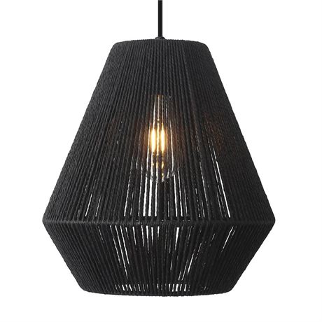 Rattan Pendant Light 11.8" Boho Pendant Light Black Handwoven Basket Shade,