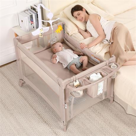 Pack and Play, 4 in 1 Baby Playard – Portable Crib, Bassinet, Bedside Sleeper,