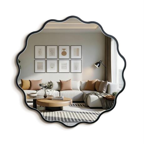 Round Wavy Black Mirror 17" Wall Decorative Mirror Wood Frame Circle Modern