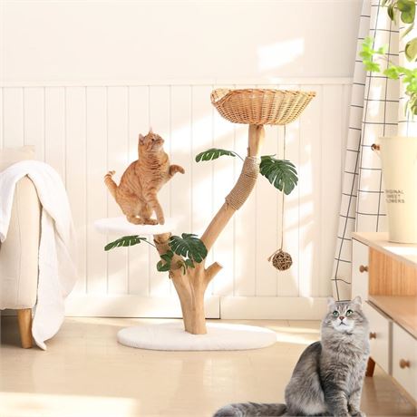 Wood Cat Tree with Leaves, Modern Cat Tree for Indoor Cats, Medium Cat Tower