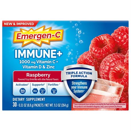 Emergen-C Immune+ Vitamin C Supplement Powder for Immune Support  Raspberry  30