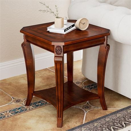LEEMTORIG Solid Wood End Table for Living Room, 2-Tier Square Cherry Wood