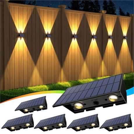 Solar Fence Lights, 6 Pack Fence Lights Solar Powered Warm White + RGB Up &