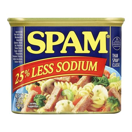 SPAM 25% Less Sodium, 12 oz Can 12 Ounce (Pack of 1)