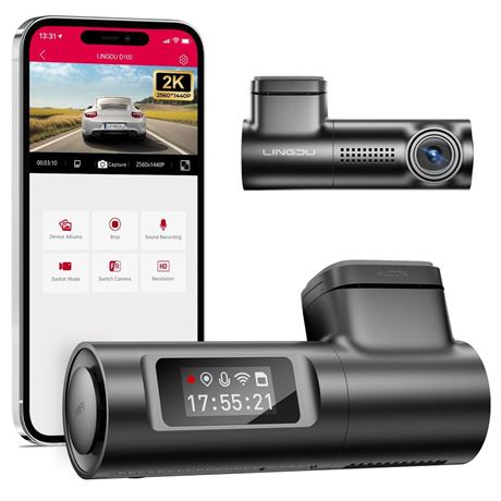 D100 2.5K Dash Cam Front, WiFi Dash Camera for Cars with Voice Control, WDR 24H