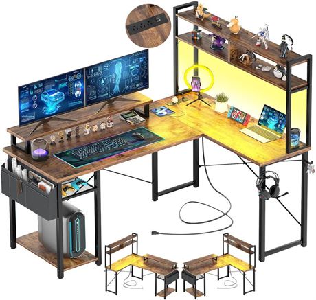 Aheaplus Small L Shaped Gaming Desk with LED Lights & Power Outlets, Reversible