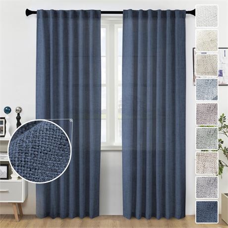 Navy Blue Curtains 120 Inch Length for Living Room Back Tab Pocket Dark Blue