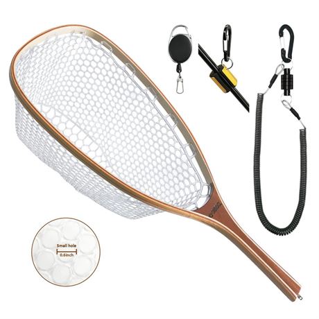 Fly Fishing Net Trout Net with Magnetic Release and Rod Holder Wooden Frame