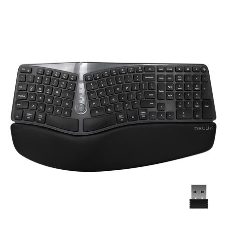 DeLUX Wireless Ergonomic Keyboard with Cushioned Palm Rest Against Carpal