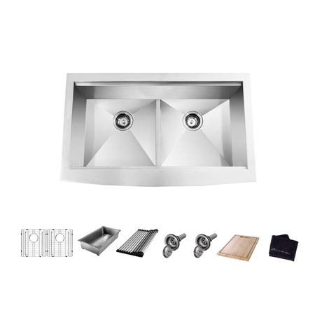 Zero Radius 33 in. Apron-Front 50/50 Double Bowl 18 Gauge Stainless Steel
