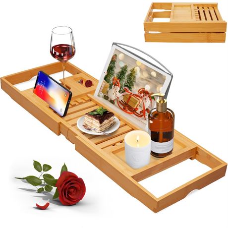 Artmalle Luxury Bathtub Caddy Tray for Tub - Foldable Bamboo Bath Table Tray