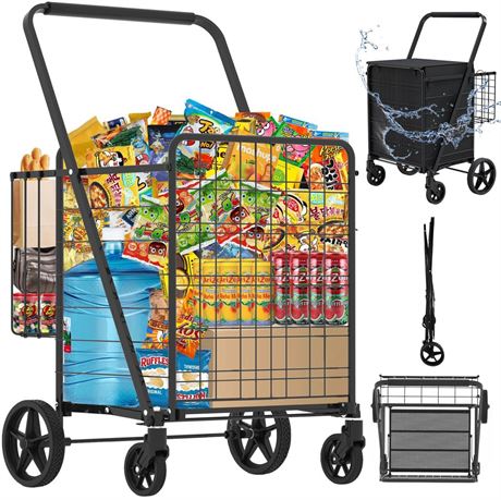 37.5 Gallons Heavy Duty Shopping Cart, Folding Grocery Cart with 360° Swivel