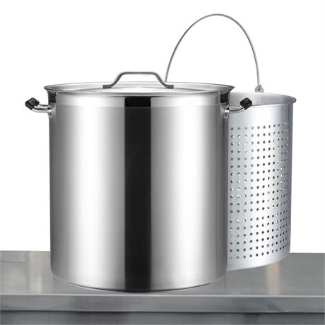 CURTA 100 Quart Large Stock Pot with Lid, NSF Listed, 3-Ply Clad Base, Heavy
