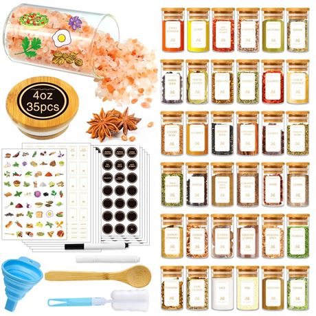 BGraceyy Spice Jars with Labels, 35 Pcs 4 oz Glass Spice Jars with Bamboo Lids,