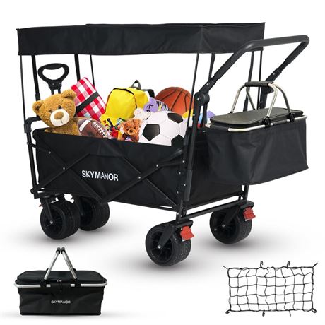 Wagon Cart with All-Terrain Wheels, Brake, Folding Wagon for Camping(Black)