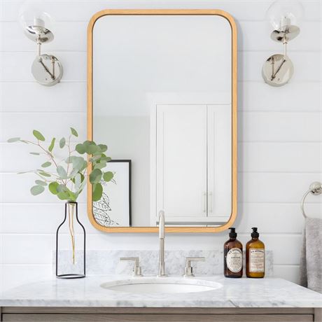 Wood Bathroom Mirror for Wall 18" x 24" Farmhouse Rounded Corner Rectangle