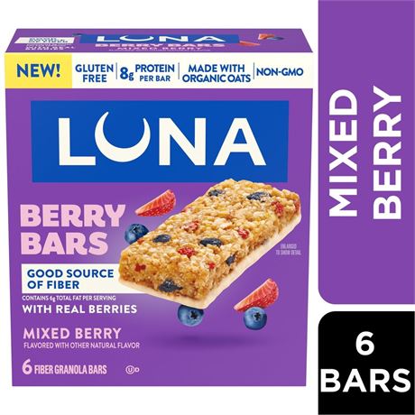 LUNA Berry Bars Mixed Berry Flavor Fiber Granola Bars, Gluten Free Protein
