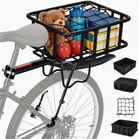 Rear Bike Rack with Basket & Mudguard,130 LB Capacity Removable Adjustable Bike