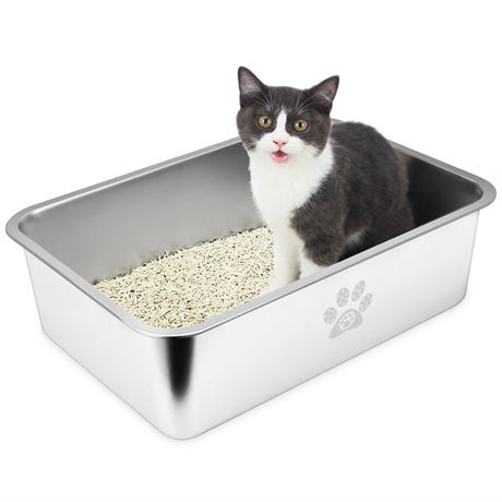 PWTAA Stainless Steel Cat Litter Box High Sided Metal Litter Pan for Large,