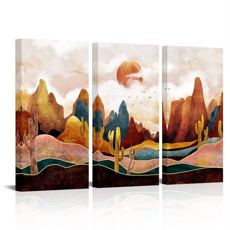 KLVOS 3 Panel Abstract Moutain Wall Art Golden Cactus Picture Mountain Desert