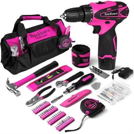 Pink Drill Set for Women, 137 Piece Hand and Power Tool Set with 12V Cordless