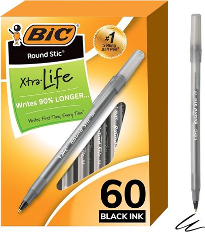 BIC Round Stic Xtra Life Ballpoint Pen, Medium Point (1.0mm), Black, 60-Count