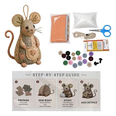 Patchwork Mouse DIY Kit, Vintage Style Sewing Craft Kit, Pre-Cut Fabric