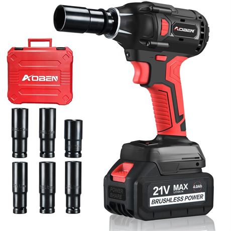 AOBEN 21V Cordless Impact Wrench, 400N.m Max Torque, 3000rpm Speed, 4.0Ah