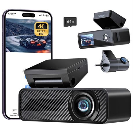 P1 Duo 4K Dash Cam Front and Rear, 64GB SD Card, 4K+1080P Dual Dash Camera for