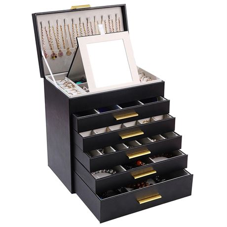 BOOVO Jewelry Boxes for Women, White and Black 6 Layer Large Jewelry Box for