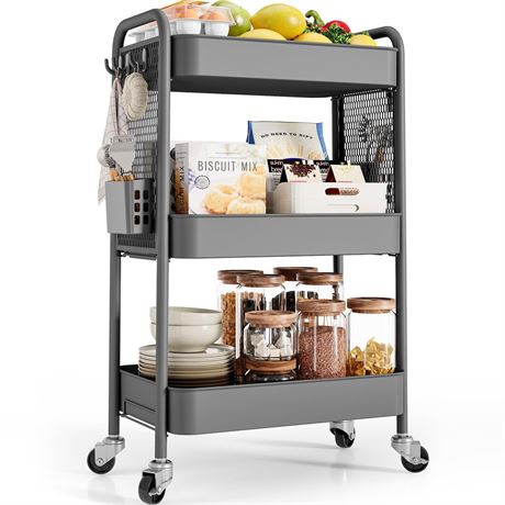 TOOLF 3 Tier Rolling Cart Storage Organizer, Metal Rolling Utility Cart with