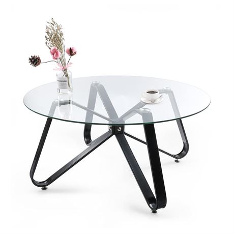 Glass Round Coffee Table - Modern 31.5in Tempered Glass Top, Black Sofa End