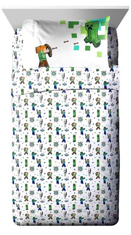 Minecraft Against Mobs Kids 3 Piece White Bed Sheet Set, Twin