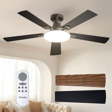 Passky Ceiling Fans with Lights, 52 inch Flush Mount Ceiling fan with Remote
