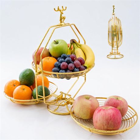 Foldable 3 Tier Fruit Basket for Kitchen Counter, Metal Fruit Bowl for Fruit