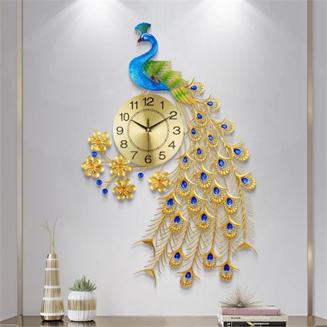 EURSON Large Peacock Wall Clock 31.5 inch Metal Design Non-Ticking Silent Art