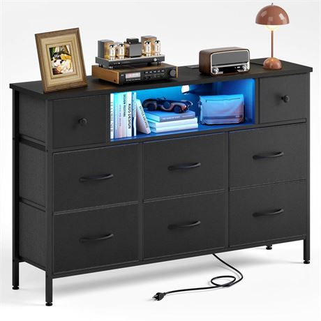 Fixwal Dresser for Bedroom with Power Outlets and LED Lights, Black 55" TV